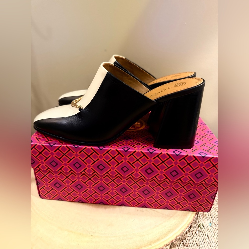 TORY BURCH EQUESTRIAN LINK MULE 80MM PUMP LEATHER BLACK/DULCE DE LECHE SZ US 8 - Picture 6 of 11